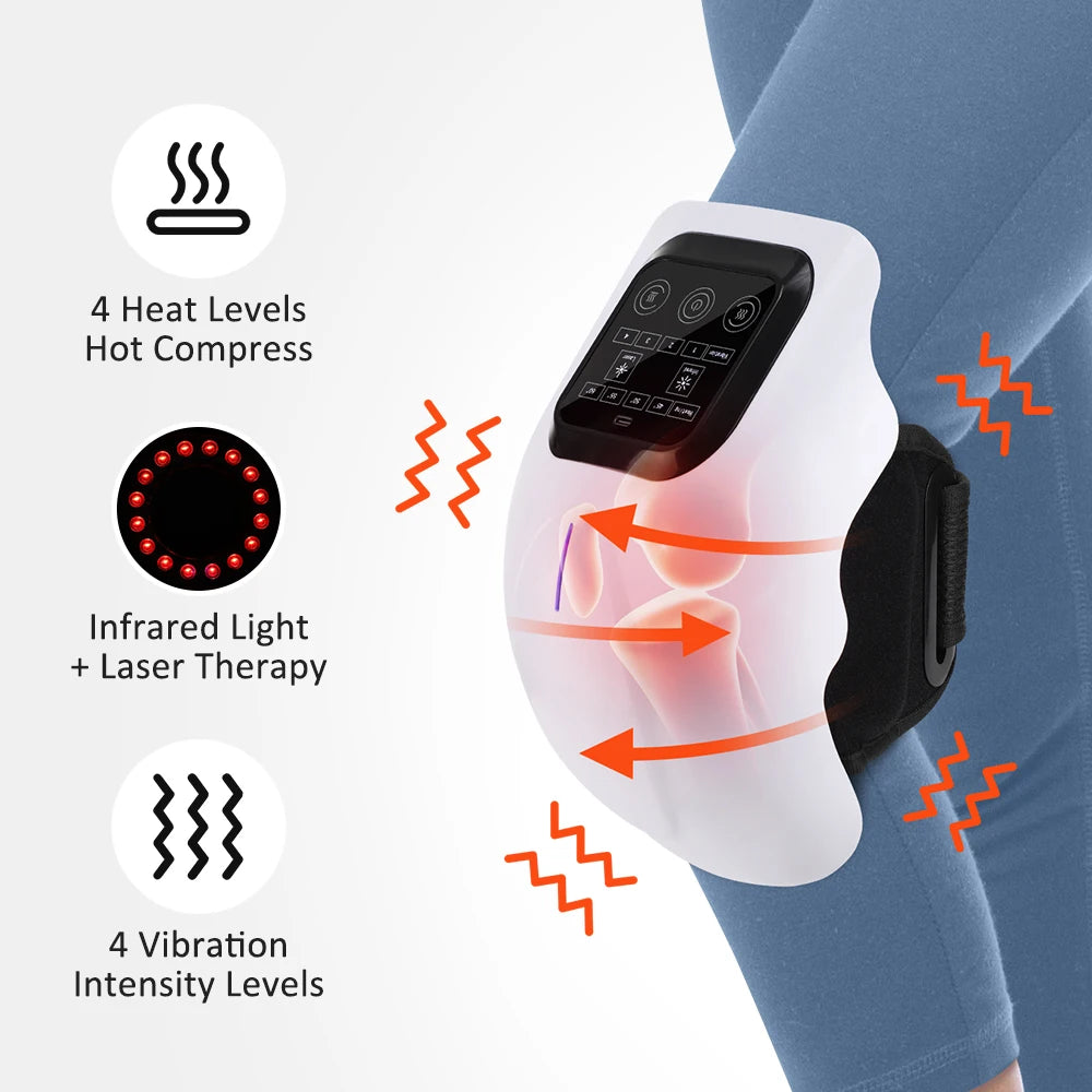 A white infrared knee massager device is shown being used on a person's leg.