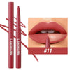 Un tubo de delineador labial Langmanni rojo y una muestra del tono #11 aplicado a los labios.