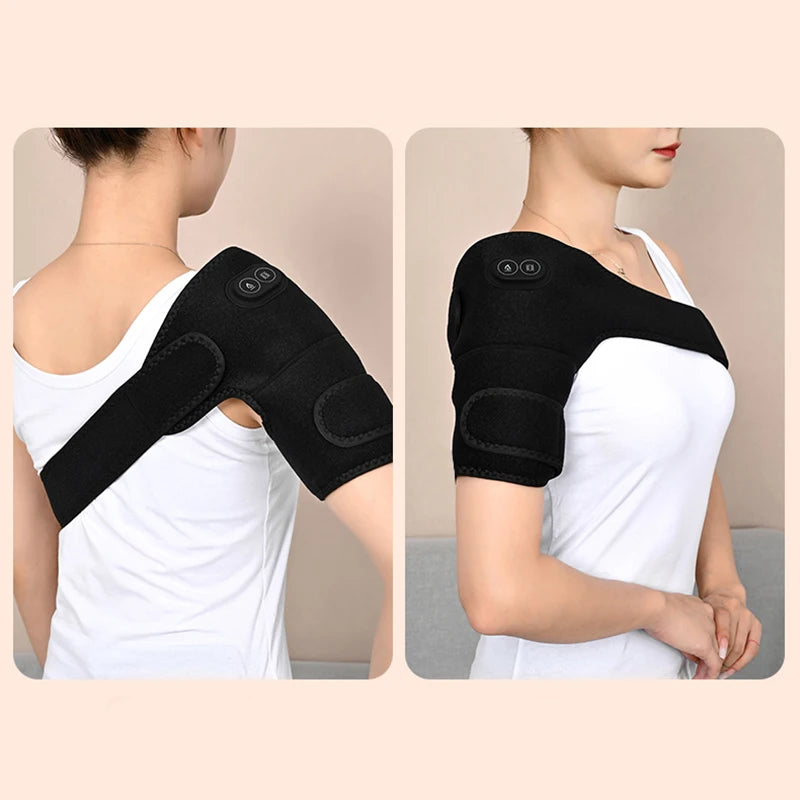 Schwarzer, beheizter Vibrationsmassager für Schulter und Knie, gezeigt am Arm eines Models.