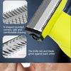A yellow electric shaver with an R-shaped blade being used on a man's skin.
