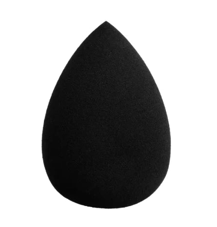 A black, teardrop-shaped makeup brush.