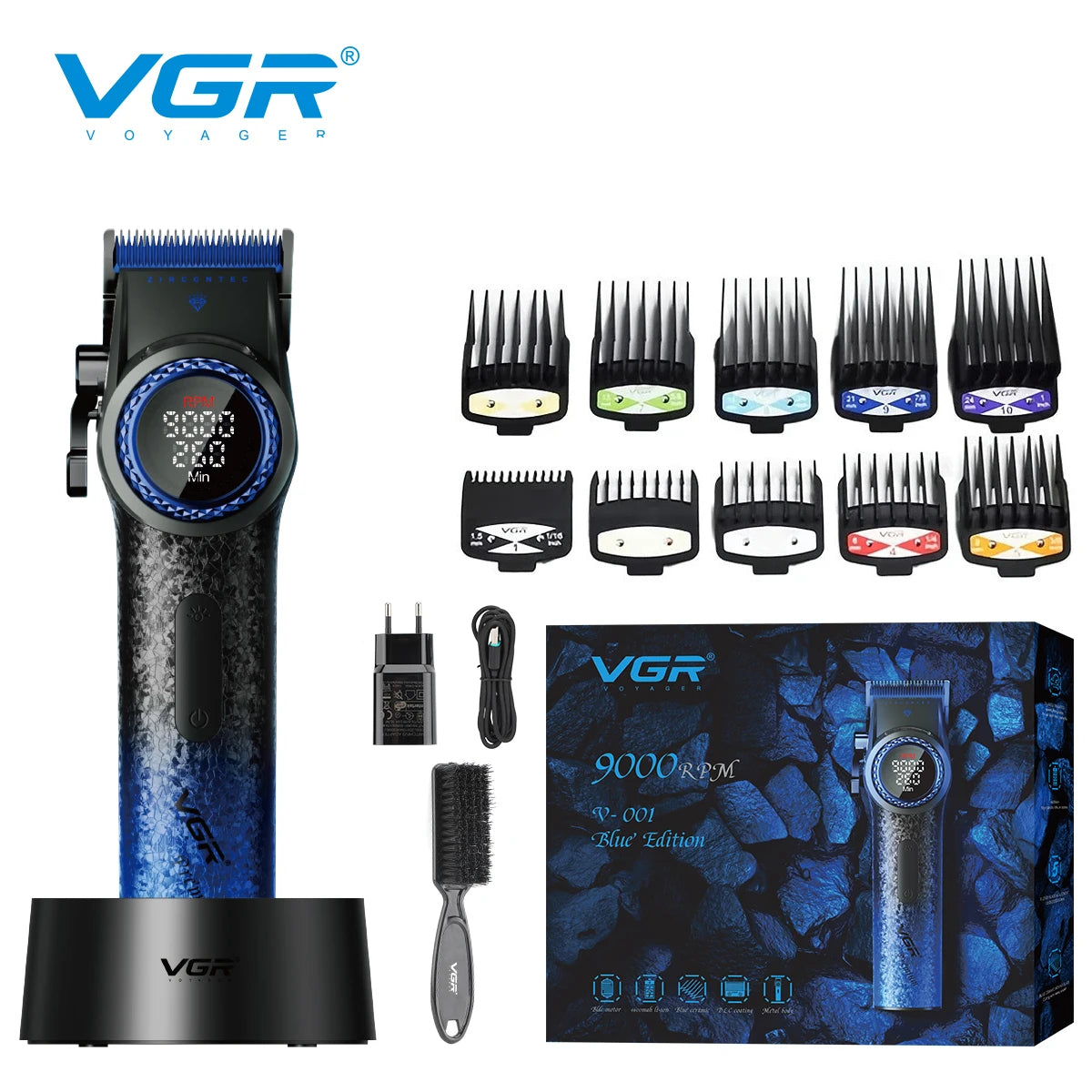 A VGR Voyager professional rotary hair trimmer with multiple adjustable blades and accessories displayed on a black backgroun
