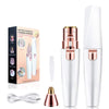 A white, battery-operated eyebrow trimmer for ladies, shown with its components and a handheld device.
