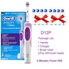 A purple and white Oral-B Vitality electric toothbrush set with a charging base and eight replacement brush heads.