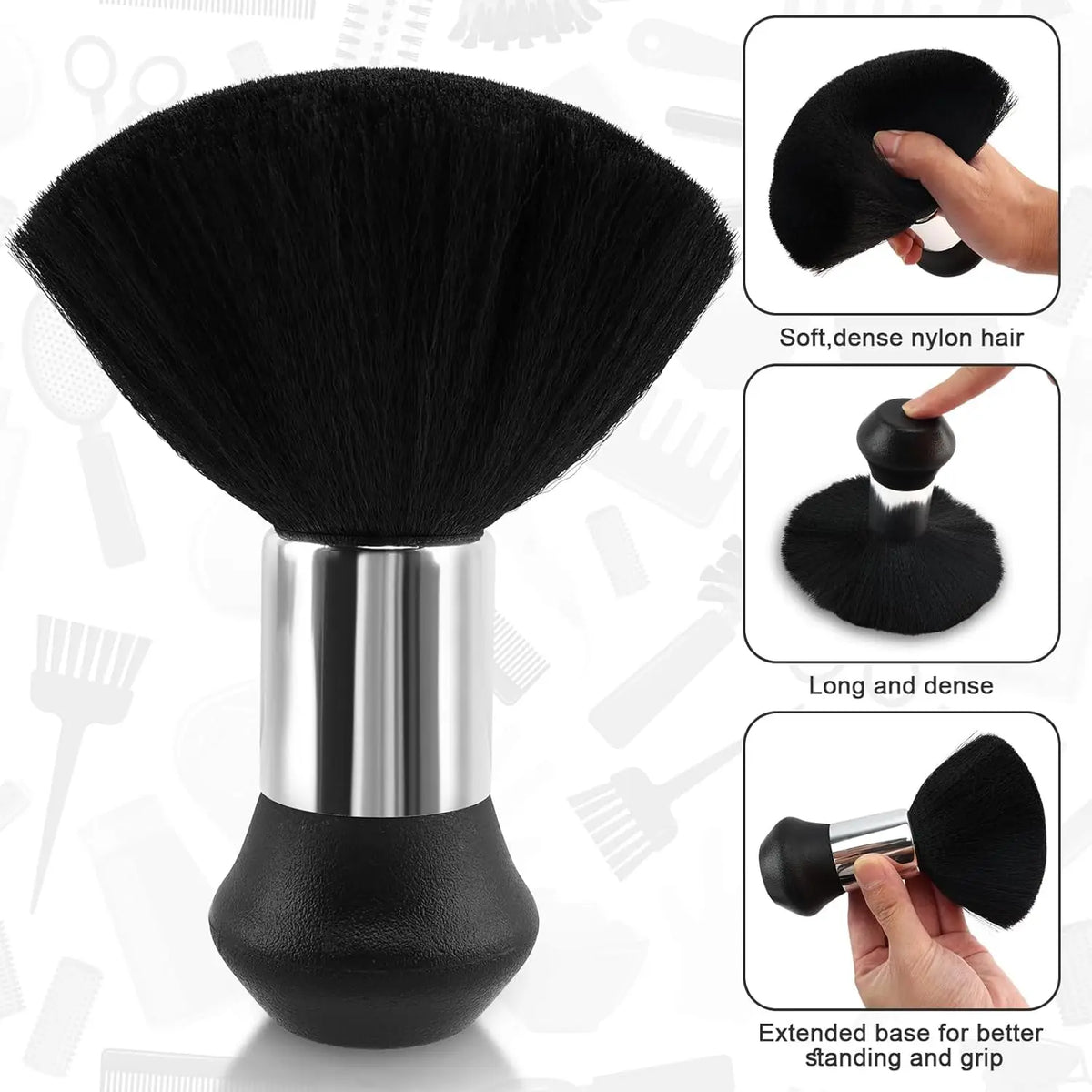 A black professional barber hair cutting cape and styling accessory set with a silver base.