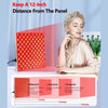 A red light therapy panel is shown with distance measurements, demonstrating how to keep a 12-inch distance from the panel.