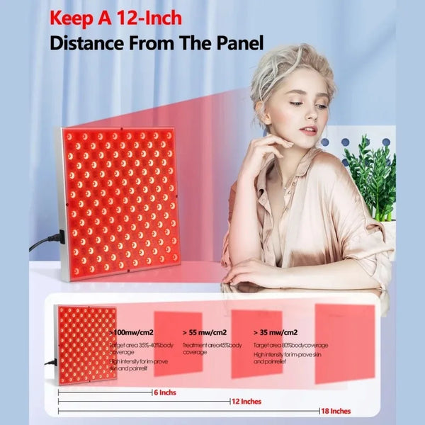 A red light therapy panel is shown with distance measurements, demonstrating how to keep a 12-inch distance from the panel.