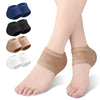 A collection of silicone heel protectors in blue, black, tan, and white are shown on a person's foot.