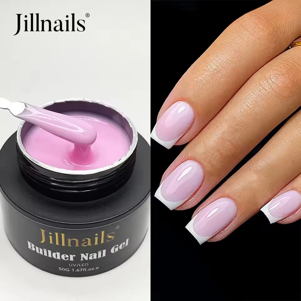 Le constructeur de vernis à ongles Jillnails, rose, à côté d'une main montrant la manucure terminée.
