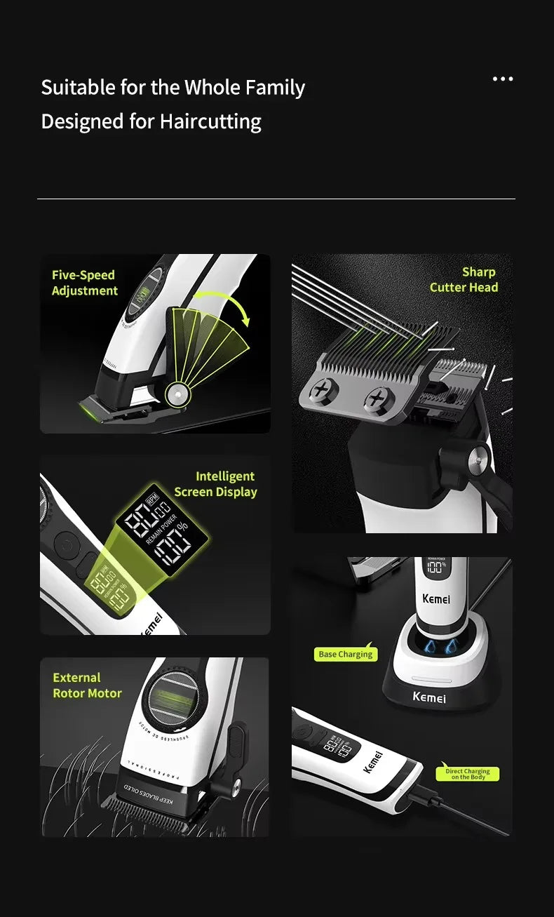 A collection of images showing features and usage of a professional electric hair clipper for precision grooming.