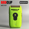 A lime green BRD-FA1R professional electric shaver with a gold foil head is shown against a gray background.