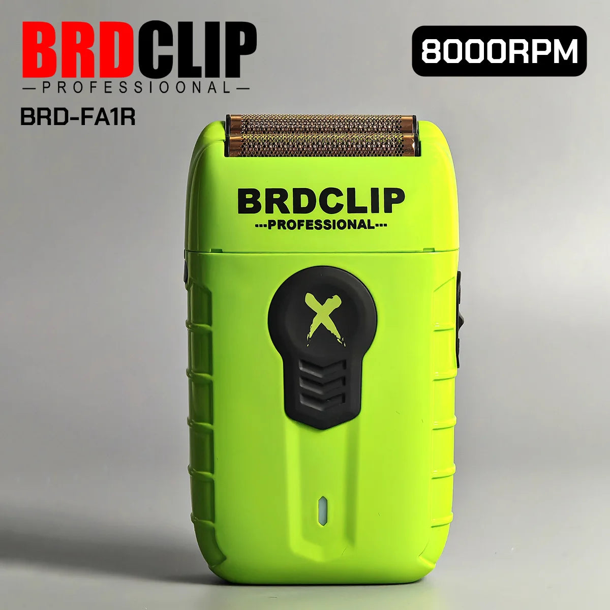 A lime green BRD-FA1R professional electric shaver with a gold foil head is shown against a gray background.
