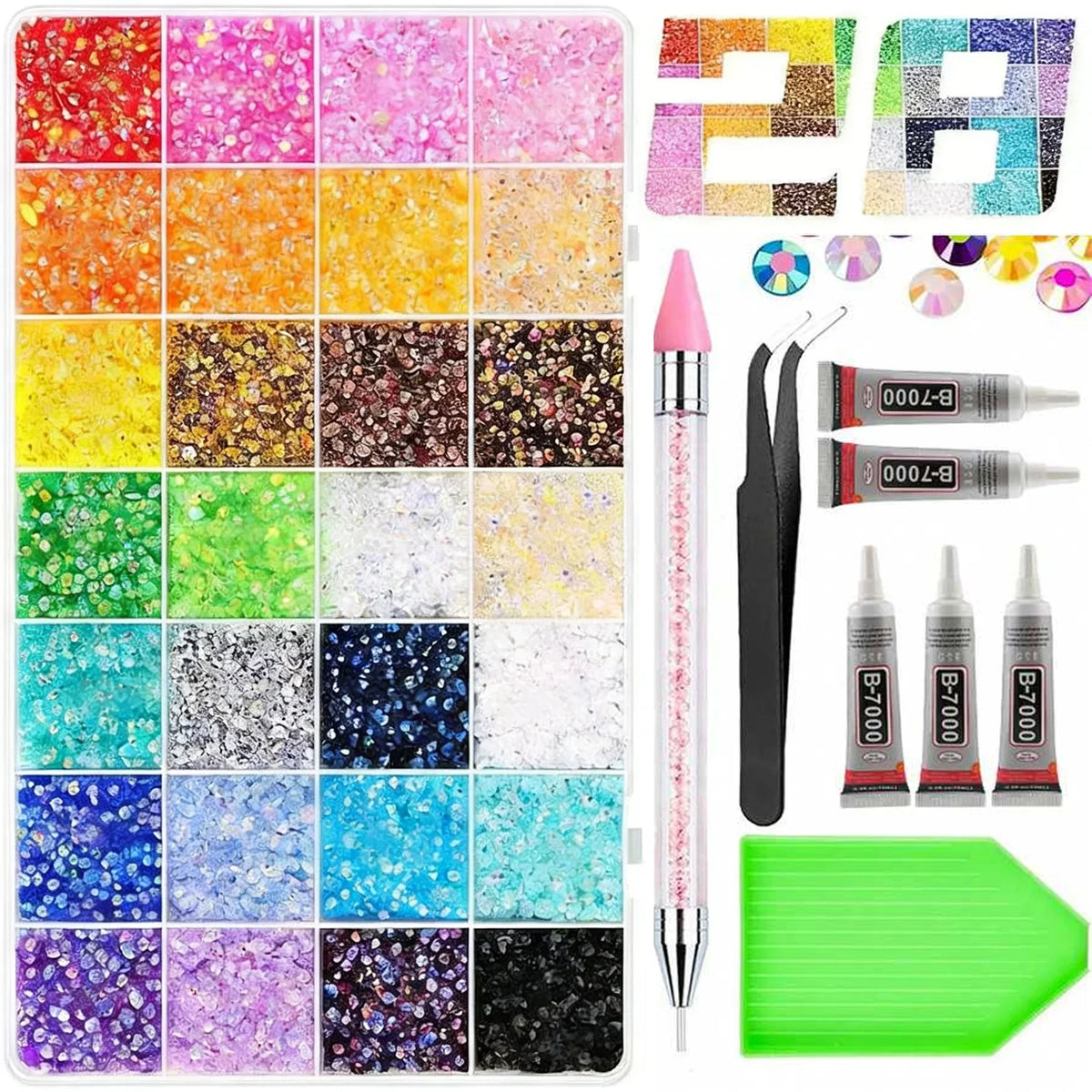 Collection de 28 pièces de paillettes et strass de diverses couleurs pour bricolages DIY.