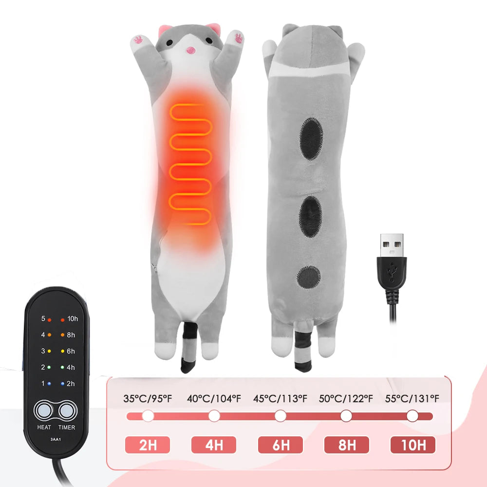A gray cat-shaped electric heating pad with orange heat strips and a remote control for muscle relief.