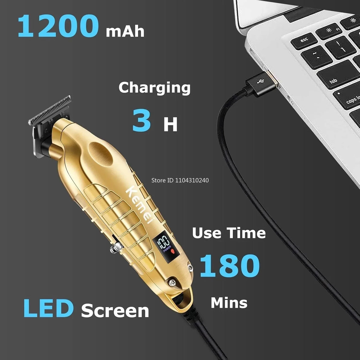 A gold-colored cordless hair trimmer with a LED screen is shown next to a laptop, highlighting its 1200 mAh battery and 3-hou