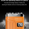An orange portable shaver with an LED display showing 100% battery life.
