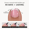 A hand applies builder gel and top coat to pink toenails for a manicure.