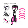 A black professional eyelash curler with pink replacement pads shown in various angles.