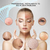 A woman's face is shown with professional instruments targeting skin problems, including pores and facial areas.