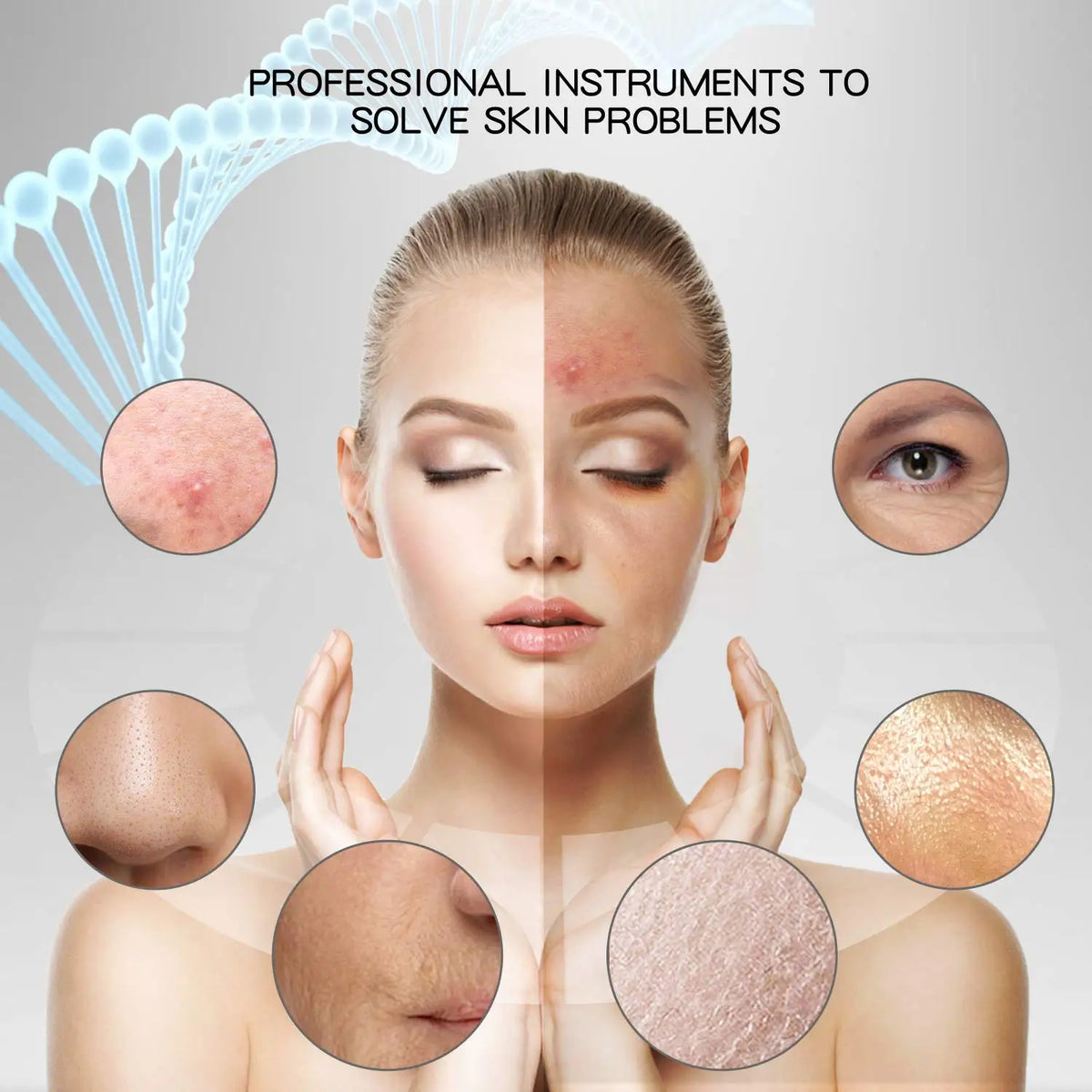 A woman's face is shown with professional instruments targeting skin problems, including pores and facial areas.