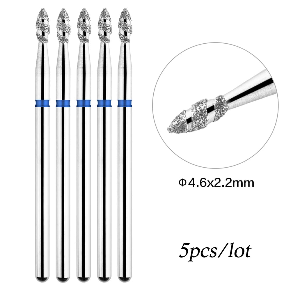 A set of five diamond nail drill bits with blue accents shown next to a measurement scale.