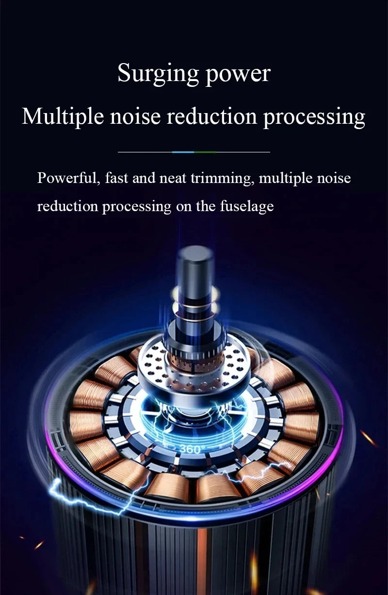 Close-up of an electric shaver with multiple rotating blades and a metallic head showing power processing features.