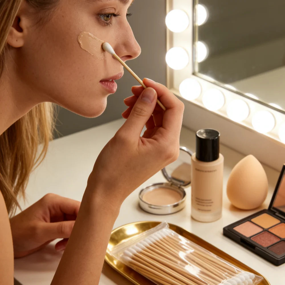 A woman applies a cream using a wooden cotton swab on her face in a bright, well-lit setting.