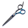 Un par de tijeras profesionales de acero inoxidable para cortar el cabello con detalles azules.