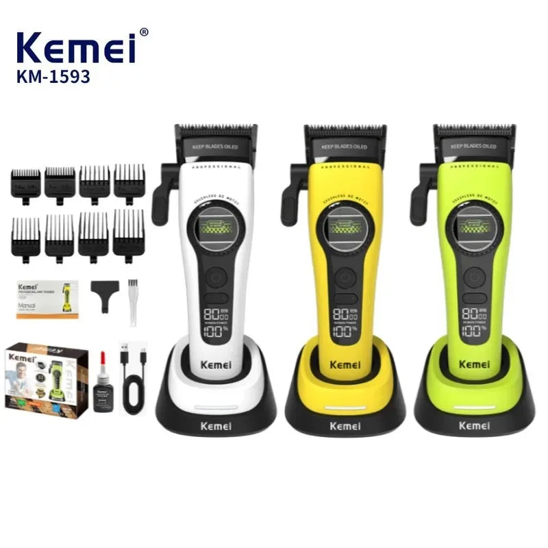 A set of three Kemei KM-1593 professional rechargeable hair clippers and trimmers in black, white, and yellow.