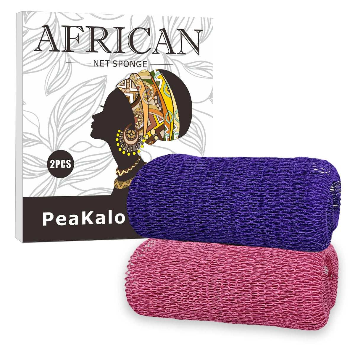 Two purple and pink African net sponge loofahs shown next to the packaging.