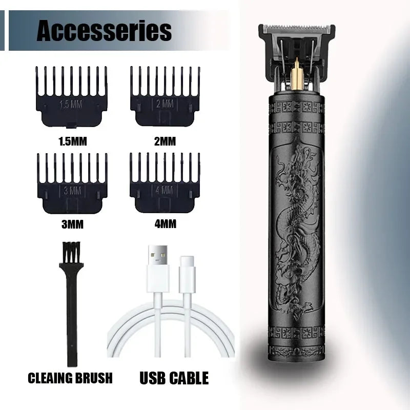 A set of accessories for a professional electric hair trimmer including various size guards, a cleaning brush, and a USB cabl