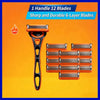 An orange precision safety razor with one handle and twelve sharp durable six-layer blades displayed against an orange backgr