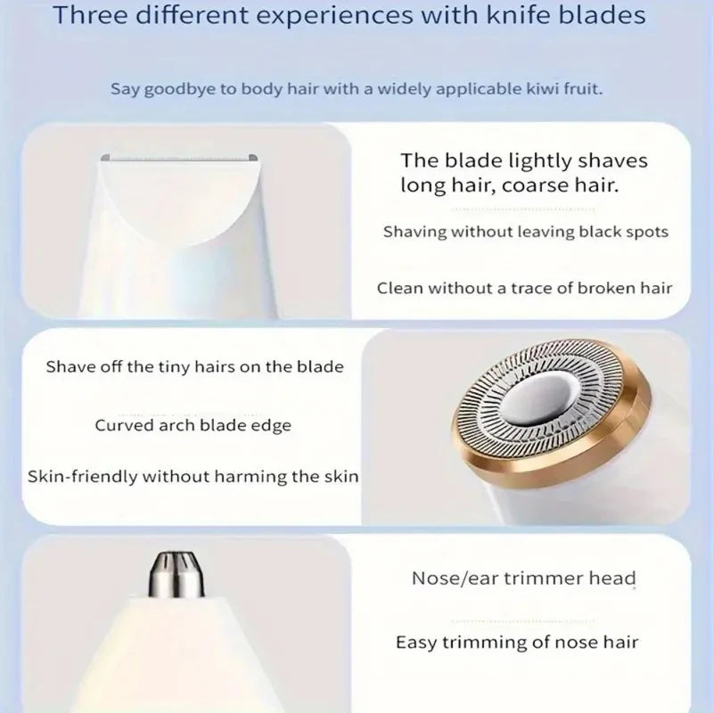 A white multi-functional trimmer with three different blades for shaving, trimming, and hair removal.