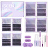 Sammlung von DIY-Wimpernverlängerungs-Kits mit verschiedenen Wimpertypen und professionellen Werkzeugen in lila Verpackung.