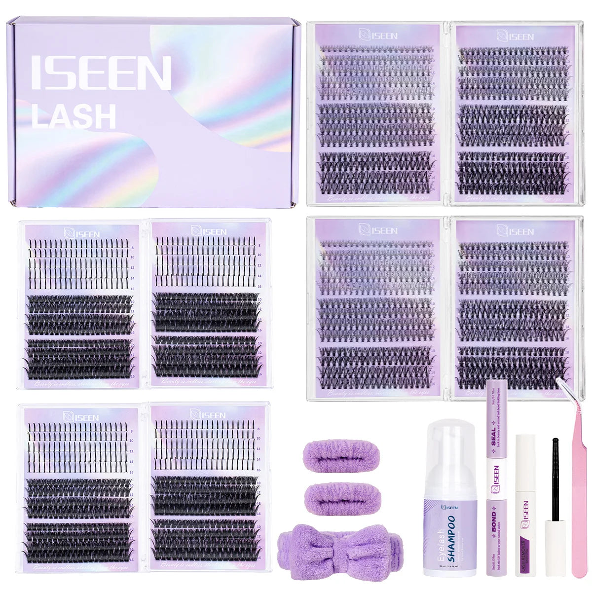 DIY-Kit-Sammlung für Wimpernverlängerungen mit verschiedenen Lash-Typen und Profi-Werkzeugen in lila Verpackung.
