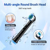 A black multi-angle round brush head of an electric toothbrush is shown with water droplets, demonstrating 360° wrap teeth an