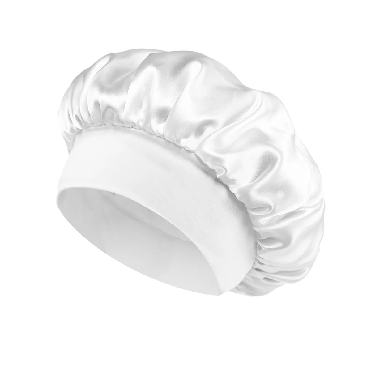 Weißer Satin-Haube, gerollt und zusammengebunden, von oben gezeigt.