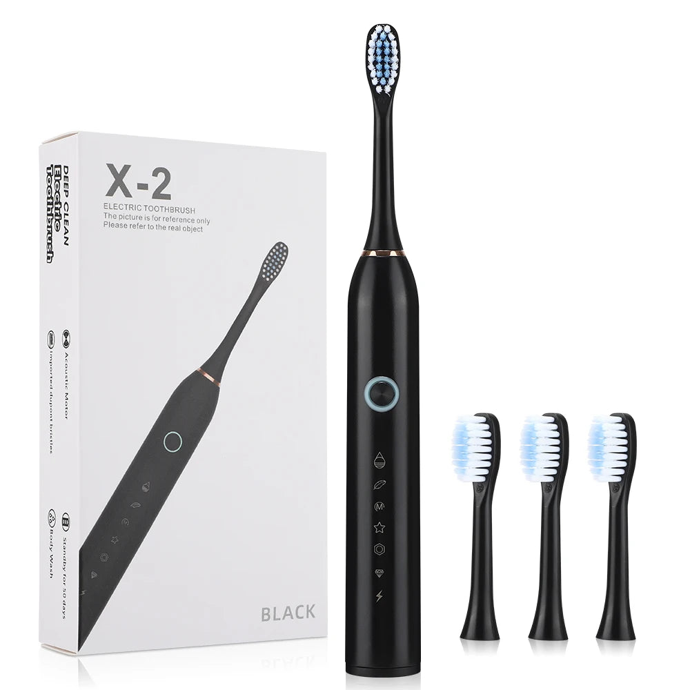 A black intelligent sonic electric toothbrush and three replacement brush heads are shown next to its packaging.