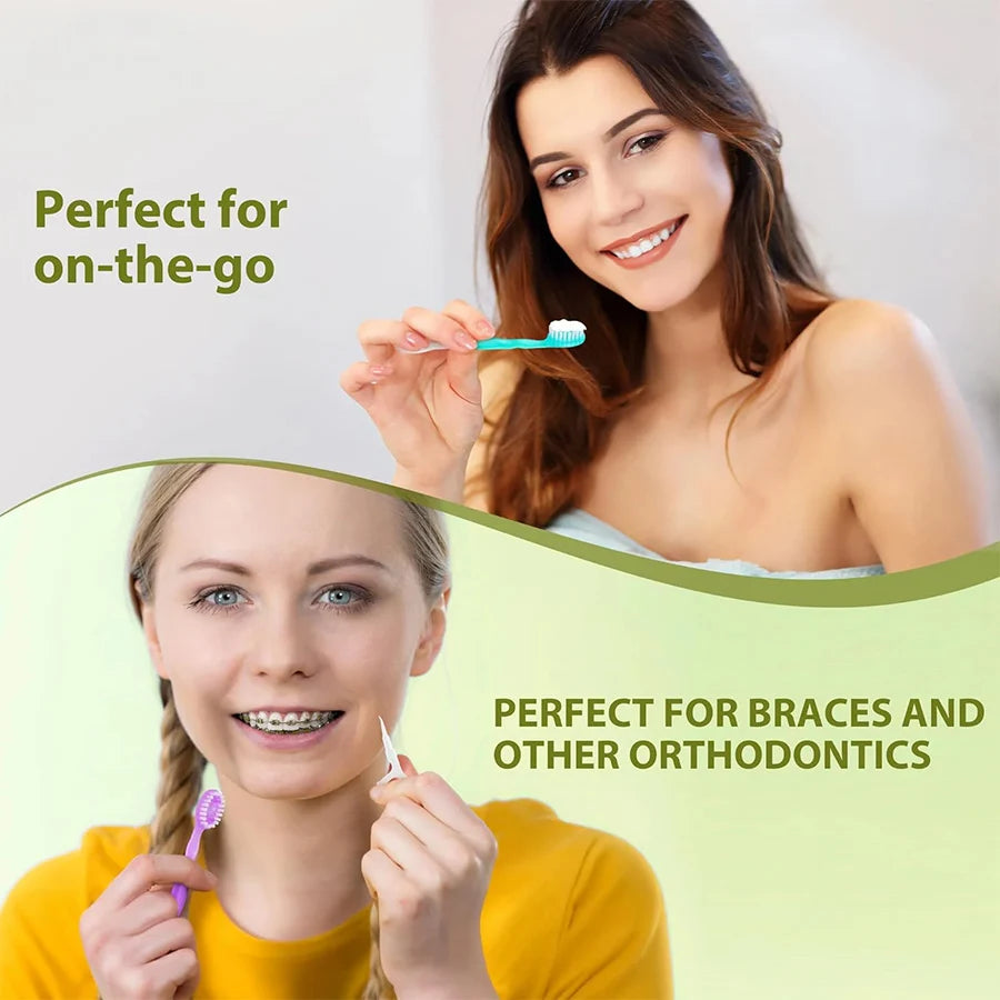 A woman demonstrates a portable dental floss toothbrush set for on-the-go use and orthodontics.