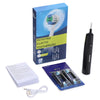 A box and components for a rotating electric toothbrush, including the brush head, replacement brush heads, and charging cabl