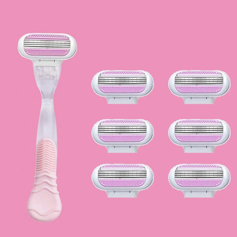 A set of five replacement shaving blades with pink and white handles and purple blades displayed against a pink background.