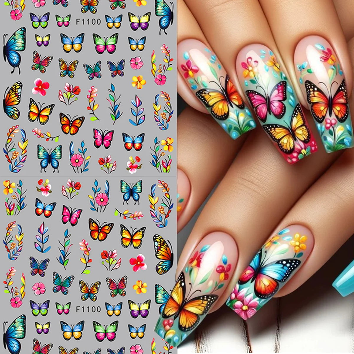 Close-up of fingers decorated with colorful flower and butterfly nail stickers for DIY manicure