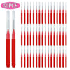 A set of 50 mini brow and eyelash combs in red and clear plastic.