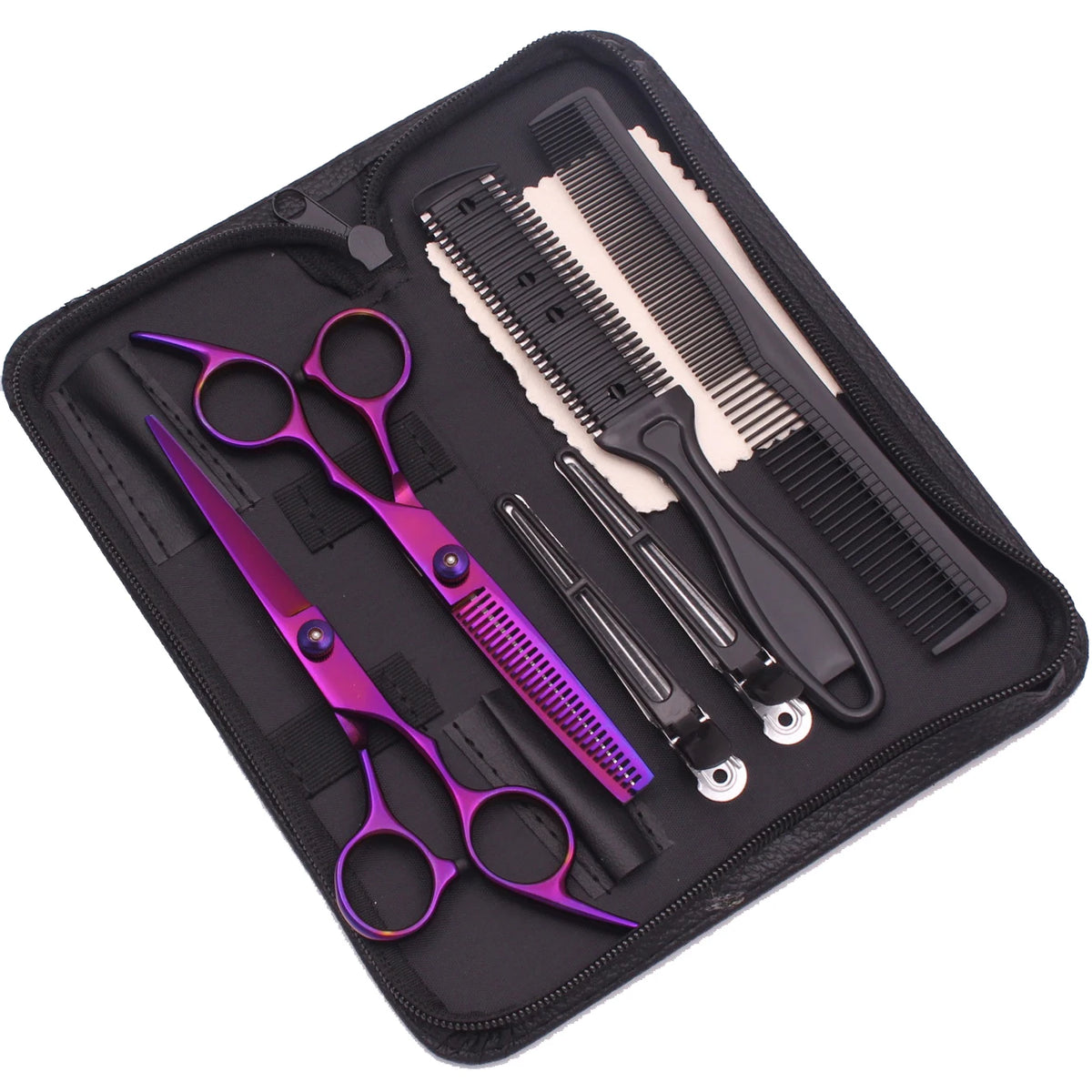 A black case holds professional stainless steel hairdressing scissors, a comb, and a razor.