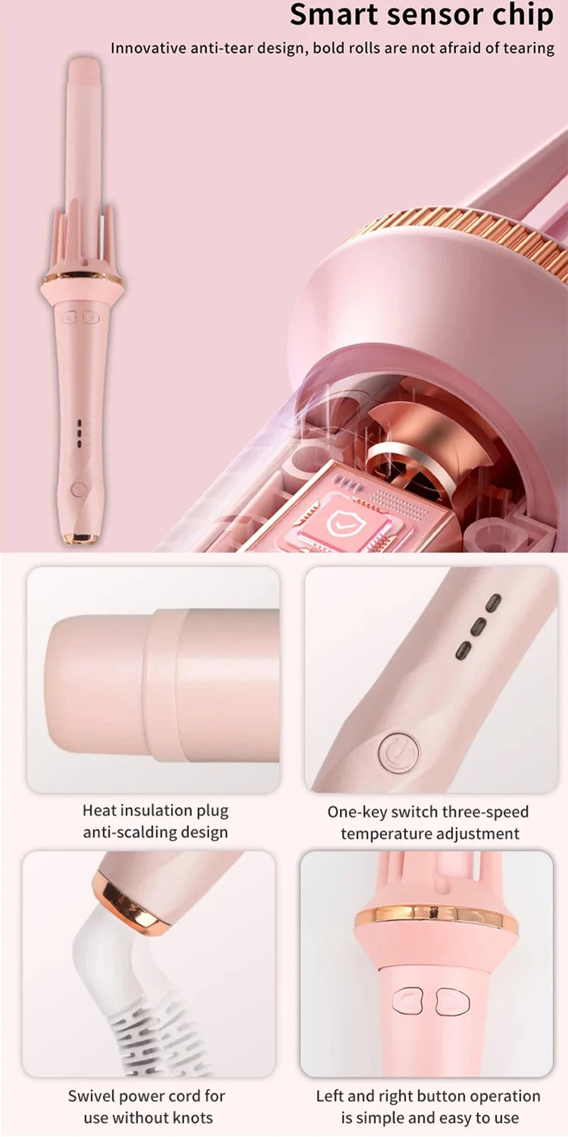 Pink automatic ceramic curling iron with anti-tear design and temperature adjustment features