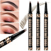 A set of four black liquid eyebrow pencils with gold accents shown alongside applied eyebrow looks.