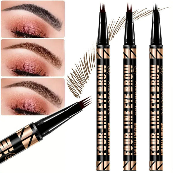 A set of four black liquid eyebrow pencils with gold accents shown alongside applied eyebrow looks.