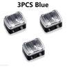 Three blue dual pencil sharpeners for cosmetics and art supplies shown from above