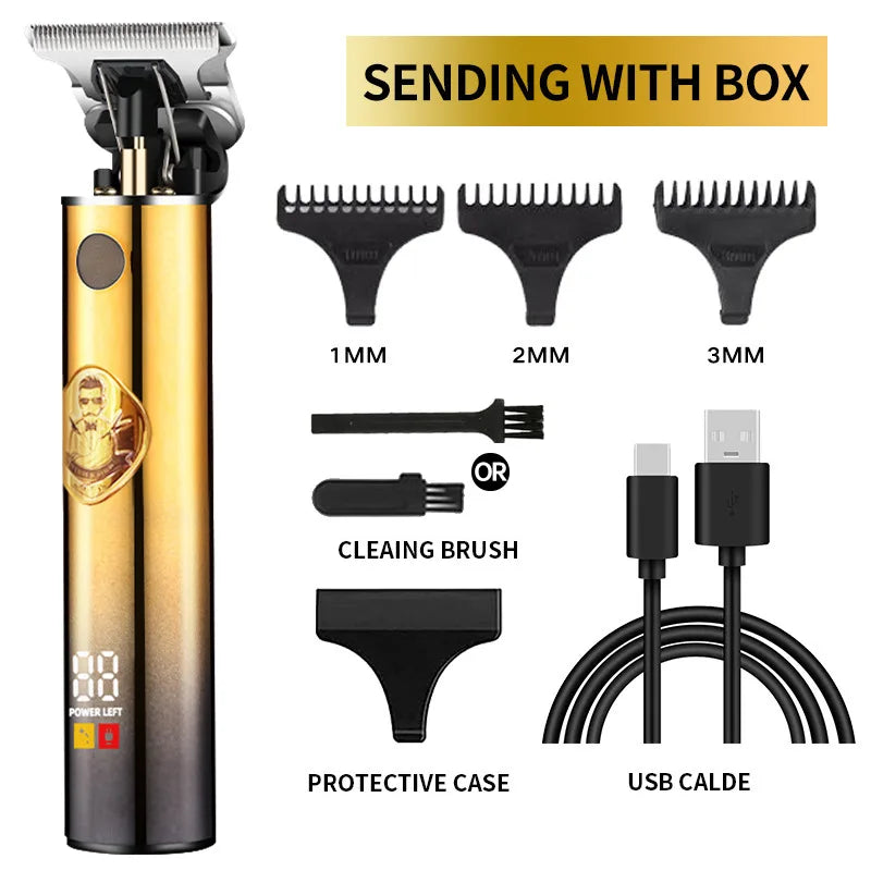 A professional electric hair clipper with various guard attachments and accessories like a cleaning brush and protective case