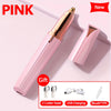 Pink precision electric eyebrow trimmer with two cutter heads and USB charging cable shown on a light pink background